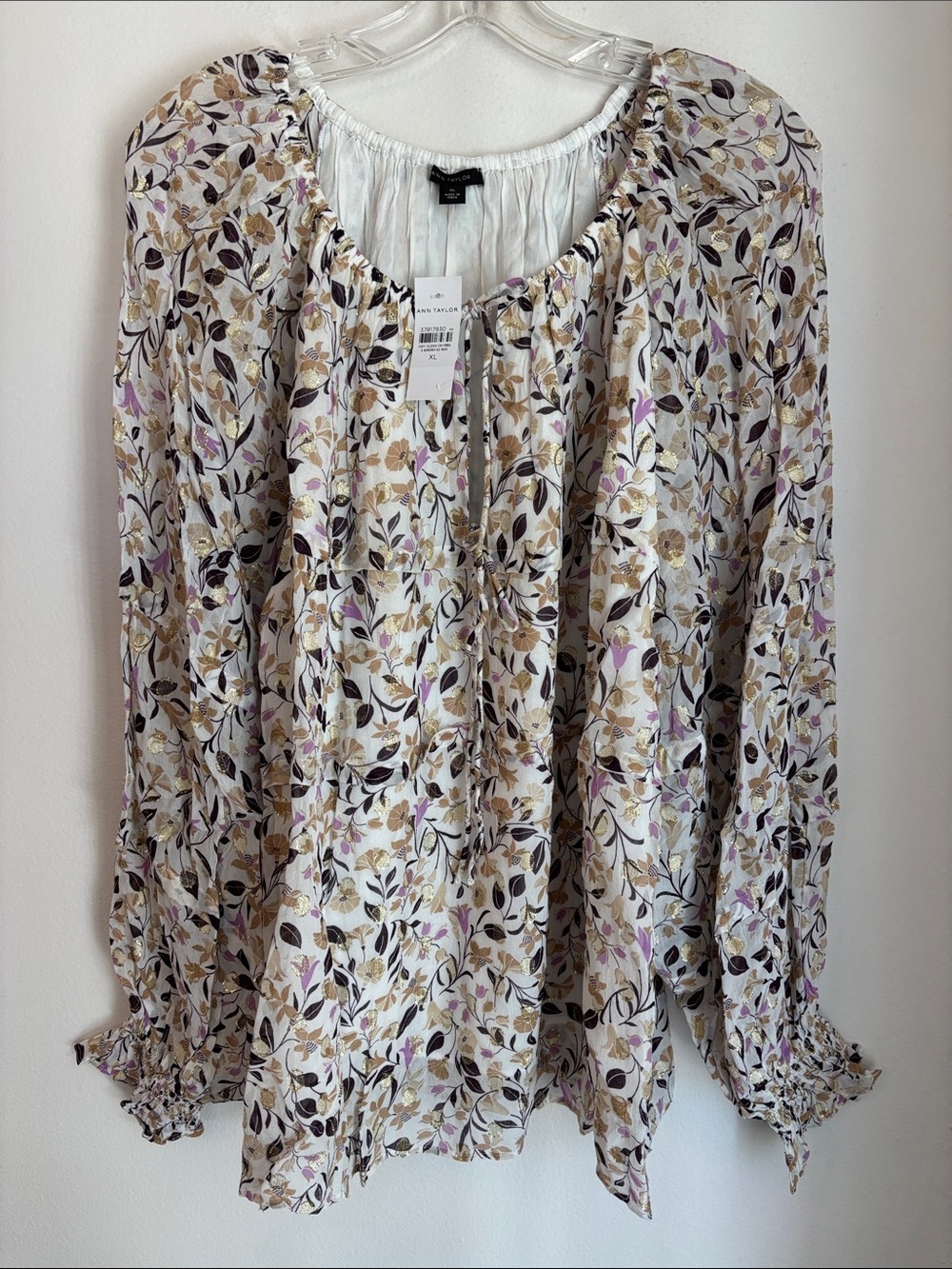 Ann Taylor Cream Floral metallic ruffle Long-Sleeve Peasant smocked blouse XL - Picture 2 of 12
